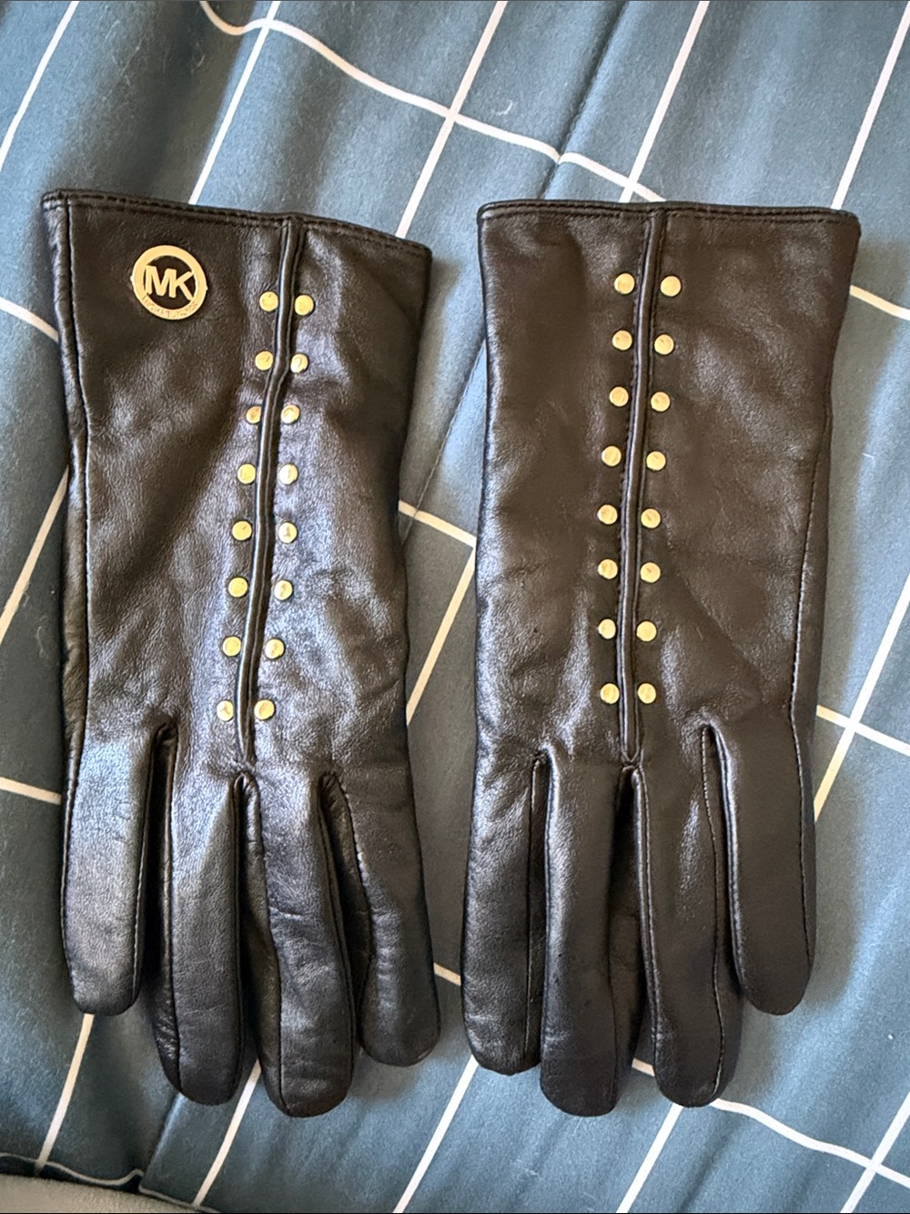Michael Kors Black Leather Gloves with Gold MK Emblem and Studs